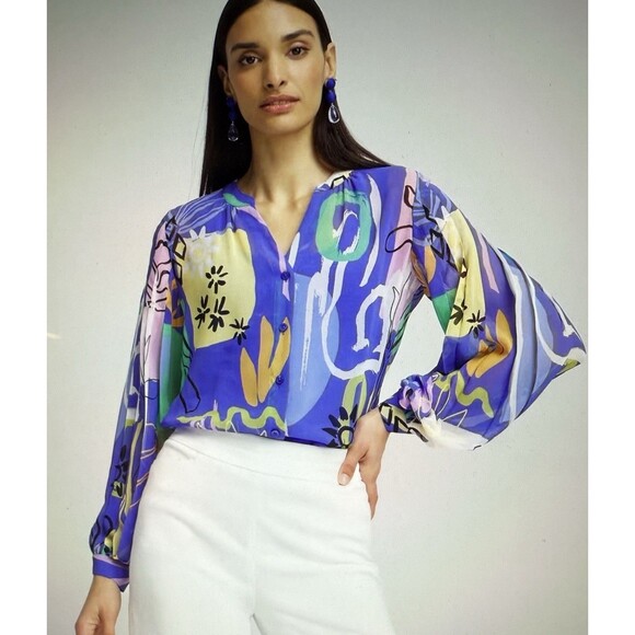 Chicos Surreal Pleated Sleeve Blouse Size Med 8 Sheer Artsy Colorful Button Up - Picture 1 of 9